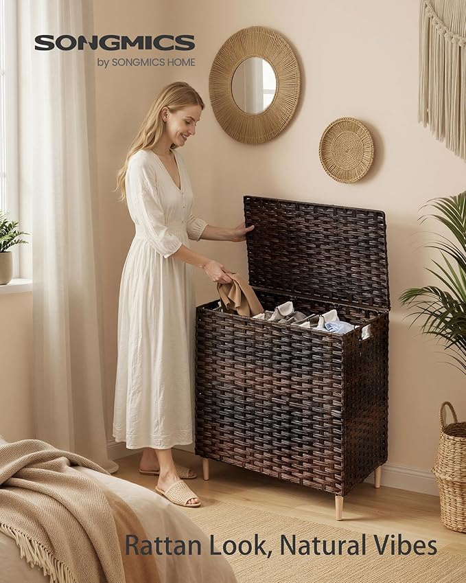 SONGMICS Laundry Hamper with Lid, PE Rattan Laundry Basket with Removable Liner, Storage Basket for Bedroom Living Room, 3-Section Sorter, 42.2 Gallons (160 L), Chestnut Brown ULCB223ME01