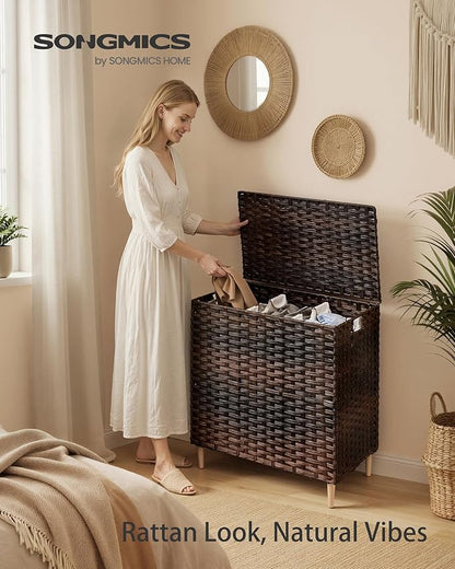SONGMICS Laundry Hamper with Lid, PE Rattan Laundry Basket with Removable Liner, Storage Basket for Bedroom Living Room, 3-Section Sorter, 42.2 Gallons (160 L), Chestnut Brown ULCB223ME01