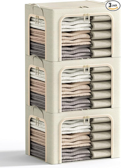 3 Openings Clothes Storage Bins with Metal Frame, Foldable Storage Bin for Clothes, Clothing Storage Bins with Lid, Linen Storage Box With Clear Window＆ Zippers＆ Durable Handles.(3 Pcs,Beige,40L)