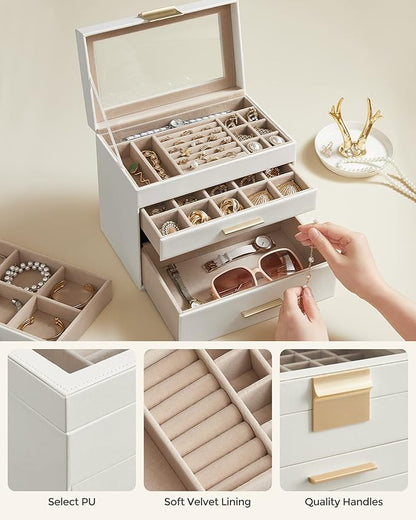 SONGMICS Jewelry Box Organizer with Glass Lid, 4-Layer Jewelry Storage, with 3 Drawers, Modern Style, 6 x 9.9 x 8.5 Inches, Cloud White and Gold Color UJBC161W01