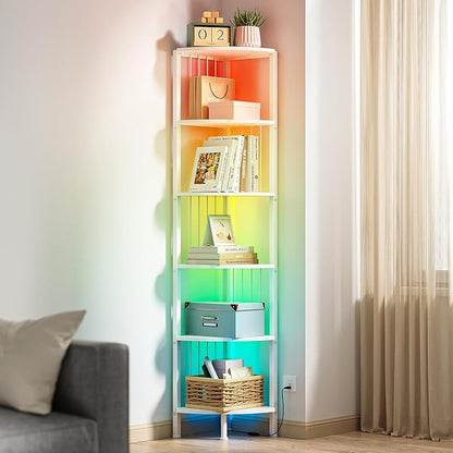 6 Tier Corner Shelf with Light, Music Synic 60000 DIY LED Color Smart Remote Tall Display Shelves Corner Shelf Stand Bookshelf Wood Rack Metal Frame for Living Game Room Bedroom, White
