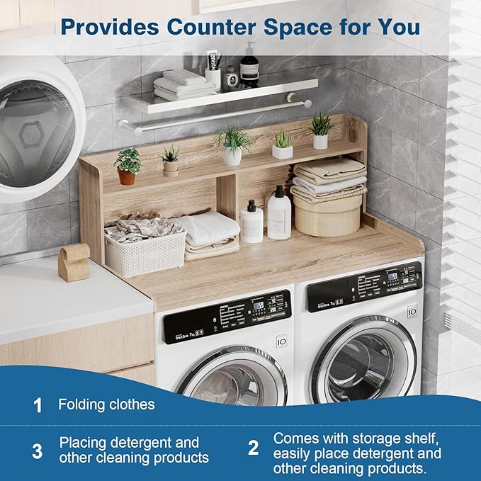 Washer Dryer Countertop with Shelf 54" W x 27.5" L Laundry countertop for Washer and Dryer with Edge Rails, Oak