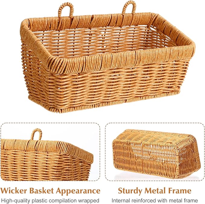 2 Pcs Wall Hanging Basket Wall Mount Pantry Fruit Basket Boho Style Decor Storage Baskets Adhesive Bathroom Cabinet Organizer for Bathroom Kitchen Garden Living Room with 4 Hooks