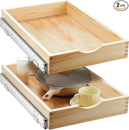 Menkxi 2 Set Pull out Tray Cabinet Organizer Wooden Pull Drawers storage Slide out Pantry Shelf for Base Cabinet Kitchen Gentle Close Fully Assembled Accessories(Wood Color,15'' X 21'' X 3'')
