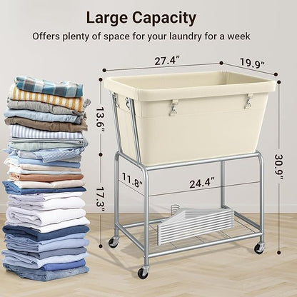 ELYKEN Laundry Cart with Wheels, Rolling Laundry Hamper with Removable Bag and Shelf, Metal Frame Laundry Basket with 4 Casters and 2 Brakes, Ideal for Bedroom, Bathroom, Laundry Room, Cream