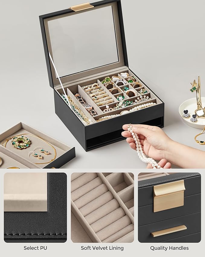 SONGMICS Jewelry Box Organizer with Glass Lid, 2-Layer Jewelry Storage, with 1 Drawer, Modern Style, 8 x 9.1 x 4.1 Inches, Graphite Black and Gold Color UJBC174B01