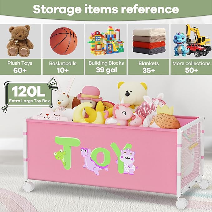120L Kids Extra Large Toy Box with Wheels & Handle, 33.1” x 16.5” x 14.6” Big Toy Chest for Boys Girls, Toy Storage Organizer for Living Room Area, Playroom(Pink, 1PC)