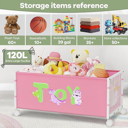 120L Kids Extra Large Toy Box with Wheels & Handle, 33.1” x 16.5” x 14.6” Big Toy Chest for Boys Girls, Toy Storage Organizer for Living Room Area, Playroom(Pink, 1PC)