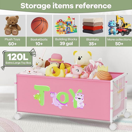 120L Kids Extra Large Toy Box with Wheels & Handle, 33.1” x 16.5” x 14.6” Big Toy Chest for Boys Girls, Toy Storage Organizer for Living Room Area, Playroom(Pink, 1PC)