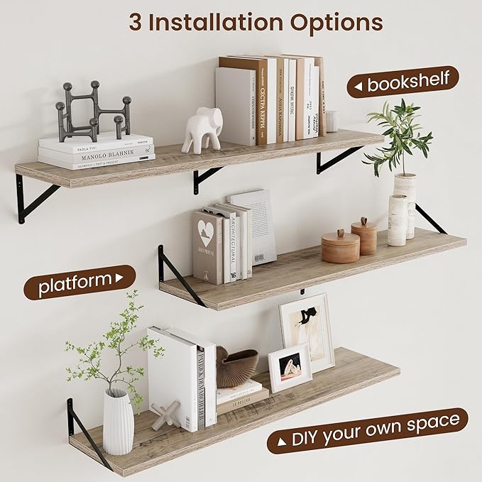 Axeman 12 Inch Deep Floating Shelves for Wall - 48 Inch Wide x 12 Inch Deep Wall Shelves Set of 2 - Rustic Grey Wood Floating Shelves for Living Room