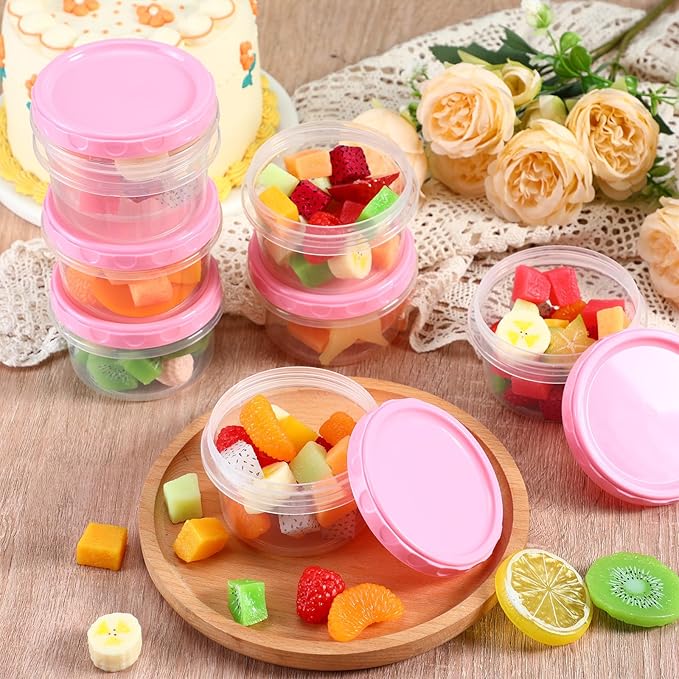 Sieral 36 Pack 8 oz Freezer Containers with Lids Reusable Deli Freezer Storage Containers Stackable Plastic Thick Twist Top Jars for Takeout Food Round Wide Mouth Lunch Snack (Pink)
