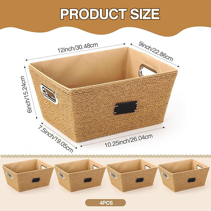 4 Pack 12 Inch Recycled Wicker Storage Basket with Labels and Handles Woven Storage Bins with Label Wicker Snack Basket Paper Rope Organizer Baskets Bins for Kitchen Office