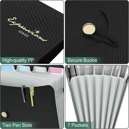 Sooez 7 Pocket Expanding File Folder, Premium Accordion File Organizer, Letter Size Folders for Documents, Sleek Filing Folders with Bungee Closure, Portable Folders for School Office Supplies, White