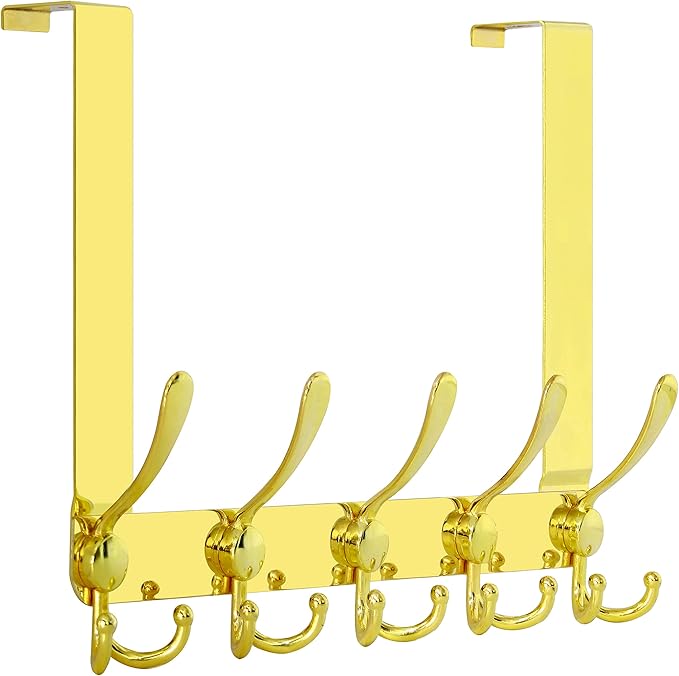 SKOLOO Over The Door Hook - for Doors up to 1-3/4'' Thickness, Metal Door Hanger with 5 Triple Hooks, Over The Door Hanger for Coats, Hats,Towels, Gold, Assembly Required