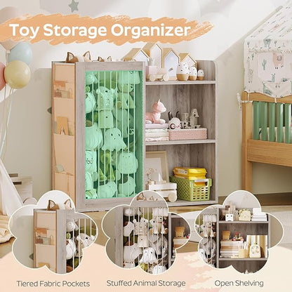 Kids Bookshelf and Toy Storage Organizer, 3 Tier Bookcase for Kids Rooms, Book Shelf with Stuffed Animal Storage, Side Oxford Fabric Pockets, for Playroom, Nursery, Bedroom, Greige CW02BG