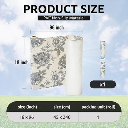 18X96 Inch Shelf Liner for Kitchen Cabinets, PVC Drawer Liner for Dresser Non-Slip Bathroom, Non-Adhesive Cabinet Liner Washable (Black Flower)(1 Roll)