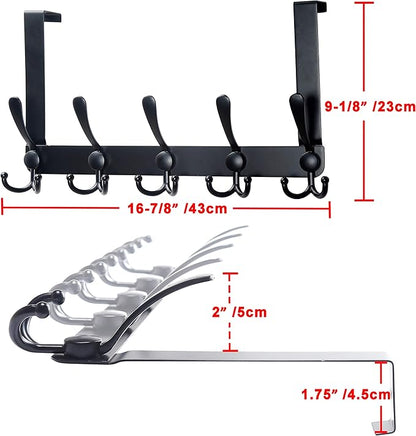 SKOLOO Over The Door Hook - for Doors up to 1-3/4'' Thickness, Pack of 2, Metal Door Hanger with 5 Triple Hooks, Black Over The Door Hanger for Coats, Hats,Towels, Assembly Required