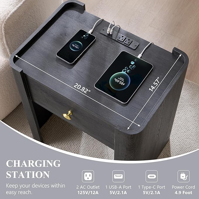 IFGET 23.6" Tall Modern Nightstand with Charging Station, 22" Wide Curved Bedside Table with 1 Storage Drawer, Wooden Night Stand, Large End Table for Bedroom, Living Room, Dark Grey