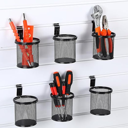 6 Set Slatwall Cup with Hook Black Metal Slatwall Bin Pencil Mesh Wire Holder Slat Wall Accessories for Organizing Various Tools, Garage Home Workshop Office (Round)