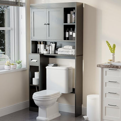 Nivisre Over The Toilet Storage Cabinet with 7 Shelves, Imitation Walnut Grain Above Toilet Bathroom Organizer with Toilet Paper Holder Stand, Space Saver for Restroom, Laundry, Bathroom (Black)