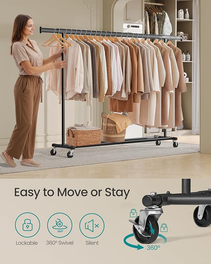 SONGMICS Clothes Rack with Wheels, Heavy-Duty Clothing Rack for Hanging Clothes, Portable, 17.7 x (63-78.7) x 63.6 Inches, with Extendable Hanging Rail, 330 lb Load Capacity, Black UHSR175B01