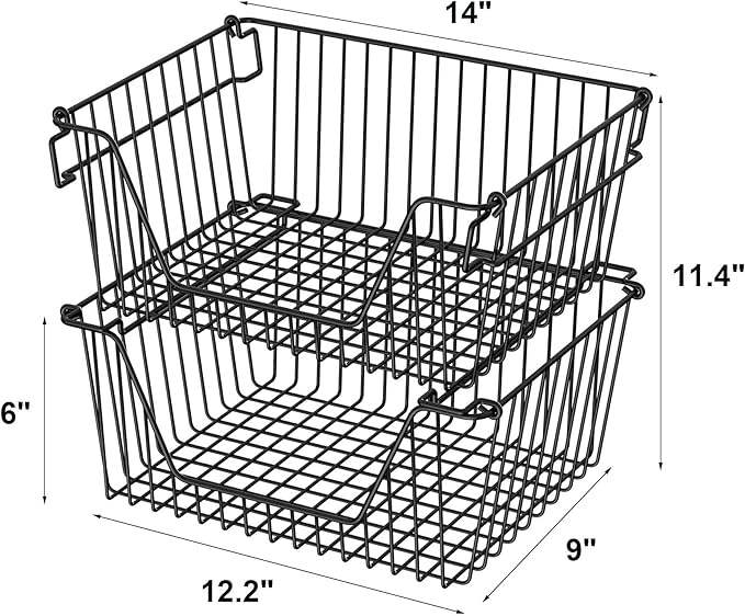 Stackable Wire Metal Baskets Sturdy Cabinet Organizer Wire Pantry Freezer Bin with Handle for Home Bathroom Kitchen Fruit Vegetable Organization, Black, 2Packs
