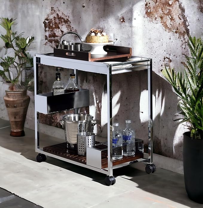 Lisses Chrome Finish Modern Bar Cart with Wood Shelves, Metal Frame, Wine Rack Storage, 30x16x31 Inch, Rolling Wheels, Walnut