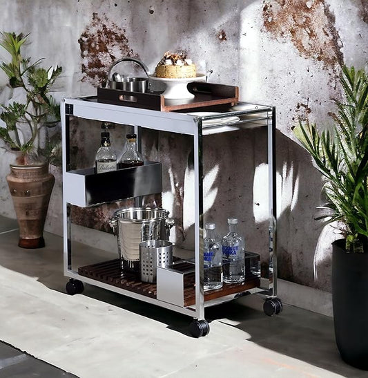 Lisses Chrome Finish Modern Bar Cart with Wood Shelves, Metal Frame, Wine Rack Storage, 30x16x31 Inch, Rolling Wheels, Walnut
