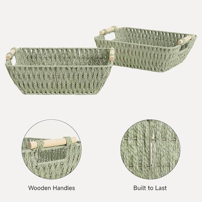 StorageWorks Large Wicker Storage Basket for Organizing with Wooden Handles, Toilet Paper Baskets for Shelf, Bosana Green, 2-Pack