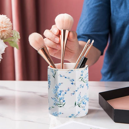 Pencil Holder for Desk Organizer,Ceramic Writing Utensil Storage Organizer Aesthetic Floral Pattern Pen Holder Pen Cup Makeup Brush Holder Creative Gift for Desktop Supplies,School Life Blue