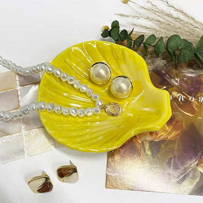Shell Trinket Dish, Ceramic Jewelry Dish Tray, Cute Organizer Plate for Jewelry, Seashell Jewelry Ring Holder, Birthday Mother's Day Christmas Gift for Women, 3.9", Bright Yellow Iridescent Surface