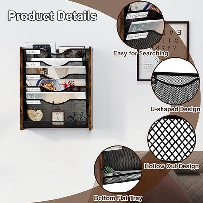 Wall File Organizer,6 Tier Mesh Mail Organizer Wall Mounted,Hanging File Holder,Magazine Rack for Documents,Magazine,Literature,File,Mails,Envelopes