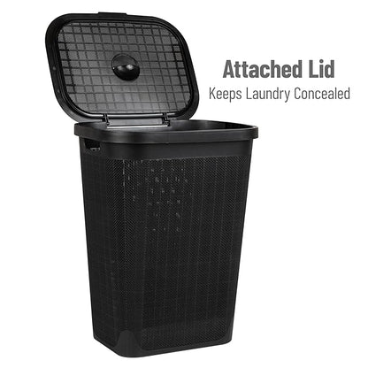 Mind Reader 60L Slim Laundry Hamper, Clothes Basket, Lid, Linen Design, Plastic, Black