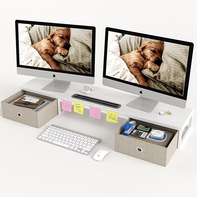 Mexin Dual Monitor Stand Riser with 2 Drawers - 39Inch Large Storage Computer Monitor Stands for 2 Monitors, Wooden Desktop Organizer Perfect for Home Office Desk, Computer, Laptop, TV, White