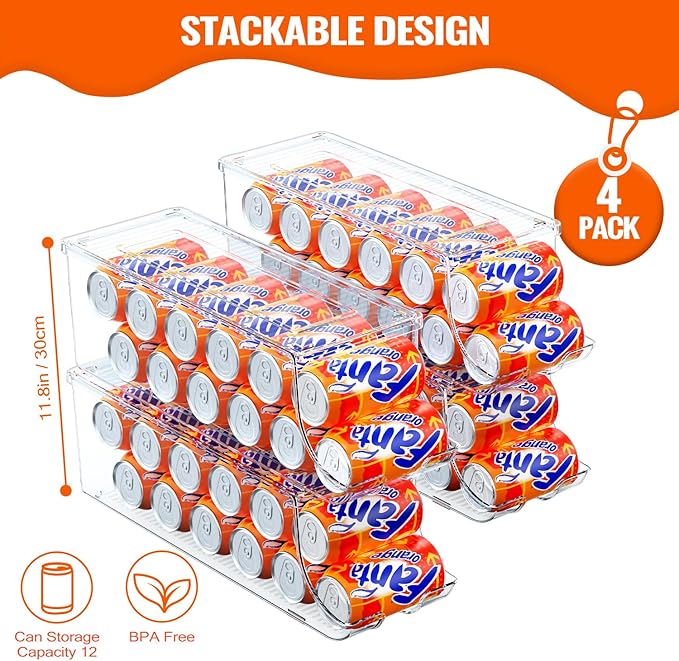 4 Pack Soda Can Organizer for Refrigerator, Stackable Canned Food Pop Cans Container Can Holder Dispenser with Lid for Fridge Rack Freezer, Clear Storage Bins-Holds 12 Cans Each (Transparent)