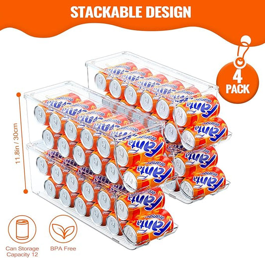 4 Pack Soda Can Organizer for Refrigerator, Stackable Canned Food Pop Cans Container Can Holder Dispenser with Lid for Fridge Rack Freezer, Clear Storage Bins-Holds 12 Cans Each (Transparent)