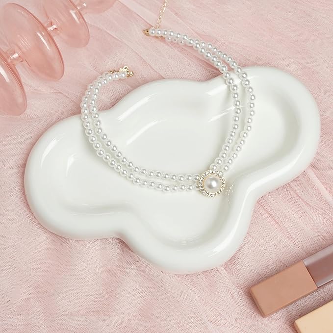 Cloud Trinket Dish, Chubby Jewelry Tray, Ceramic Jewelry Ring Trinket Dish for Rings Earrings Necklace Organizer, Mother's Day Thanksgiving Christmas Birthday Bridesmaid Gifts (T-White)