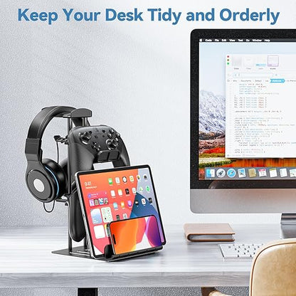 KDD Headphone Stand, Controller Holder & Headset Holder for Desk, Earphone Stand with Aluminum Supporting Bar, Universal Storage Organizer Headphones/Controller/Switch/Mobile Phone