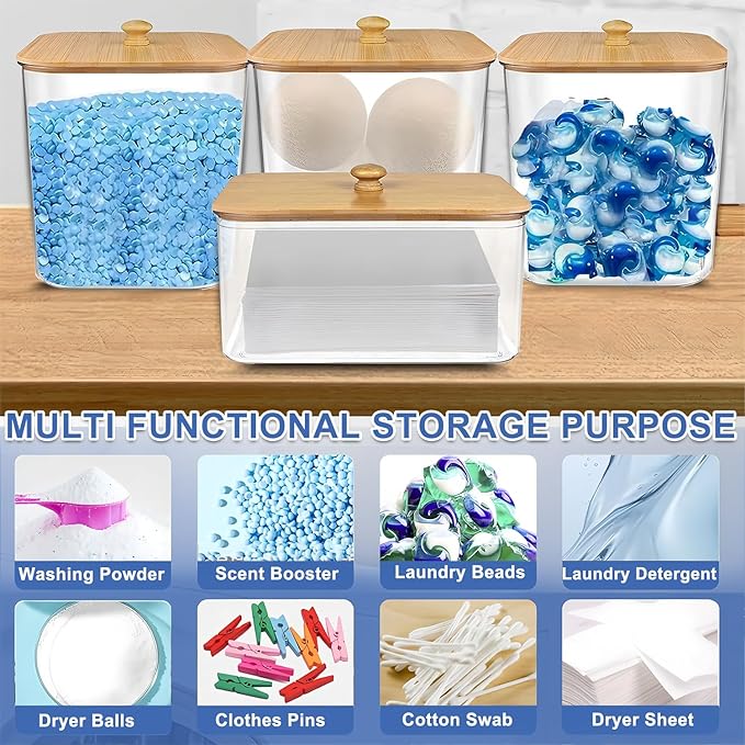 4 Pack Laundry Pods Container, Clear Laundry Room Organization Storage Containers with Wooden Lids & Scoops, Large Laundry Detergent Powder Containers for Powder Dryer Balls
