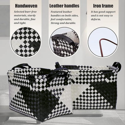 BROWNLILY Handwoven Clothes Basket Laundry Hampers Large Wicker Storage Baskets for Shelves Blankets Closet Storage Bins Car Bedroom Bathroom Organizers and Storage Bath (Pack of 4, Beige & Black)
