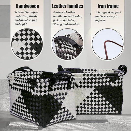 BROWNLILY Handwoven Clothes Basket Laundry Hampers Large Wicker Storage Baskets for Shelves Blankets Closet Storage Bins Car Bedroom Bathroom Organizers and Storage Bath (Pack of 4, Beige & Black)
