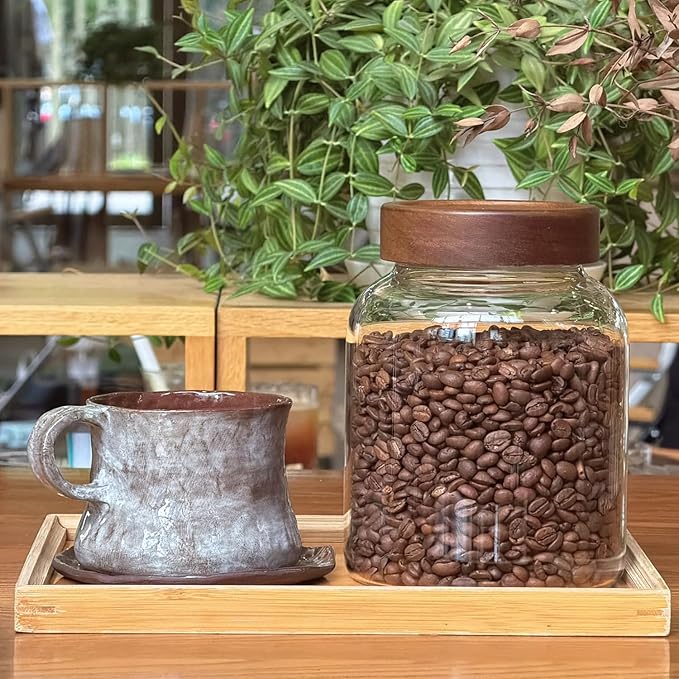 50 Fl oz/1500 ml Clear Glass Jar with Airtight Wooden Screw Lid, Glass Pantry Canister for 500g Coffee Beans, Kitchen Food Storage Containers for Rice,Flour,Pasta,Sugar,Honey,Tea, Spice,Cereal