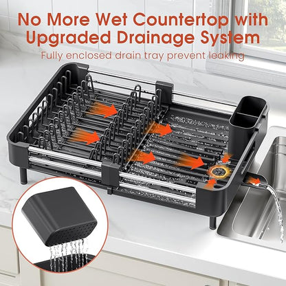 TOOLF Dish Drying Rack with Drainboard, Extendable Dish Rack for Kitchen Counter, Expandable Dish Drainer, Dish Strainer, Foldable Home Countertop Plate Storage Rack with Cutlery Holder, Black