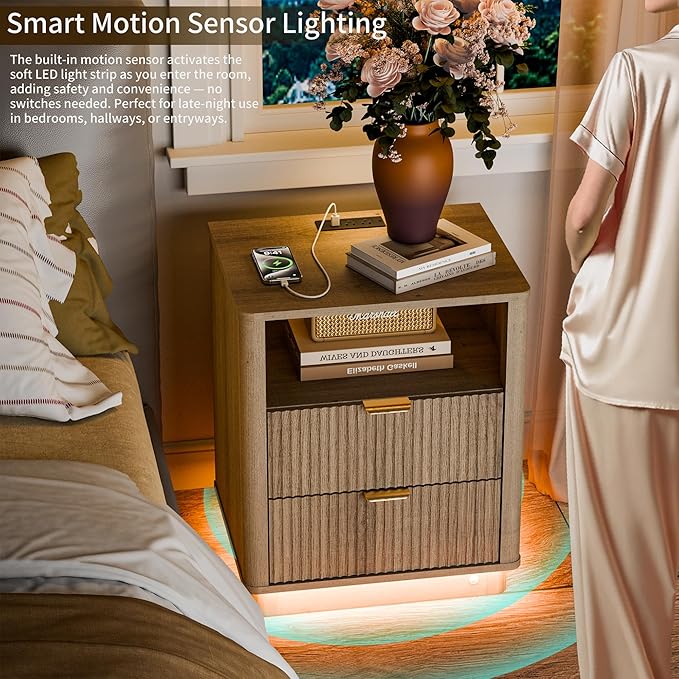 BONITURE 20'' Led Fluted Nightstand, Curved Night Stand with Charging Station Lighting, Wood End Table with 2 Drawers, Modern Side Table Storage Cabinet for Bedroom Office,(1, Natural)