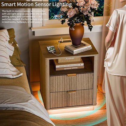 BONITURE 20'' Led Fluted Nightstand, Curved Night Stand with Charging Station Lighting, Wood End Table with 2 Drawers, Modern Side Table Storage Cabinet for Bedroom Office,(1, Natural)