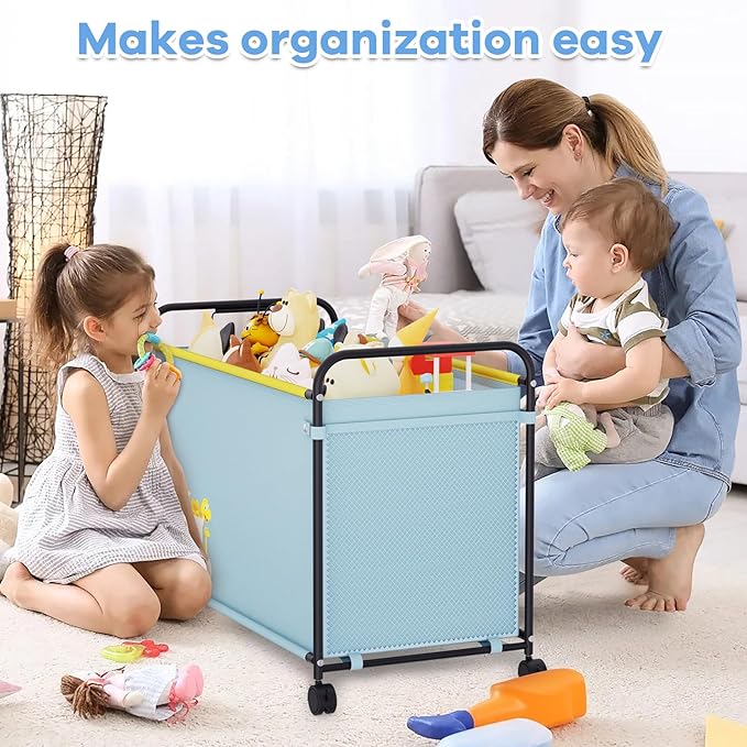 Extra Large Toy Box, 180L Toy Storage Organizer with Wheels, Metal & Oxford Cloth Toy Chest With Handle, Toy Box for Living Room Area, Nursery, Bedroom, Playroom, Toy Boxes for Boys, Girls, Kids