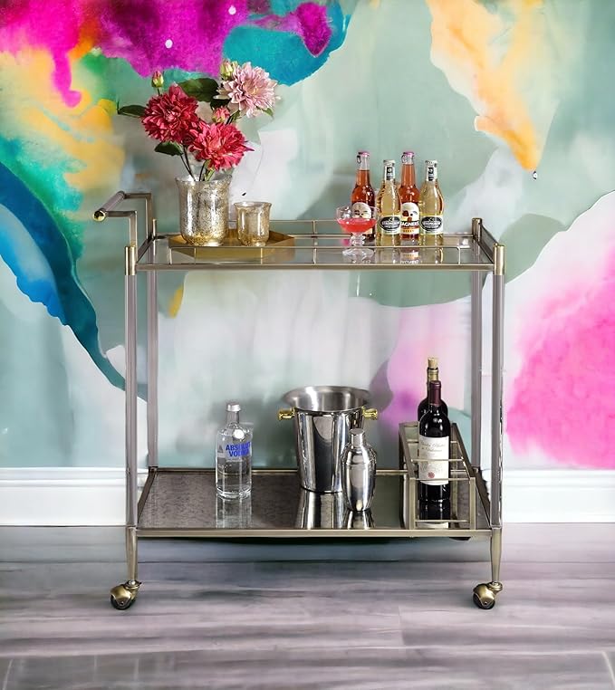 Cirro Glass Bar Cart with Antique Mirror, 2-Tier Serving Cart with Wire Brass Finish Frame, 39x16x37 Inch, Rolling Wheels