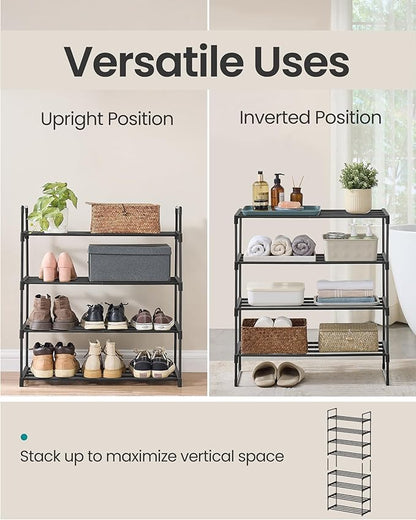 SONGMICS Shoe Rack, 4-Tier Shoe Organizer, Metal Storage Shelf, Upright or Upside Down, for 10-15 Pairs, Stackable, for Entryway, 11.8 x 26.8 x 28.4 Inches, Black ULSA204B01