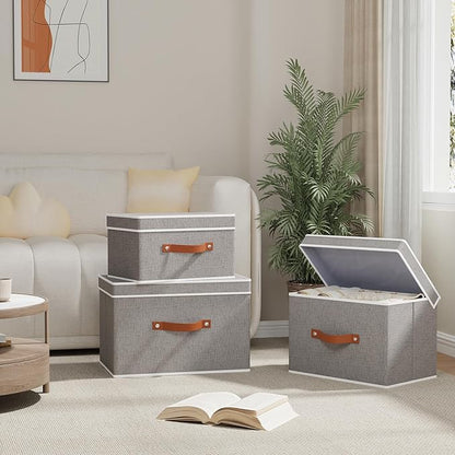 Storage Baskets with Lids and Double Handles, Linen Foldable Storage Bins, 17.7 x 11.8 x 11.8 Inch Closet Organizer Boxes for Laundry Bedroom, Grey, 3-Pack
