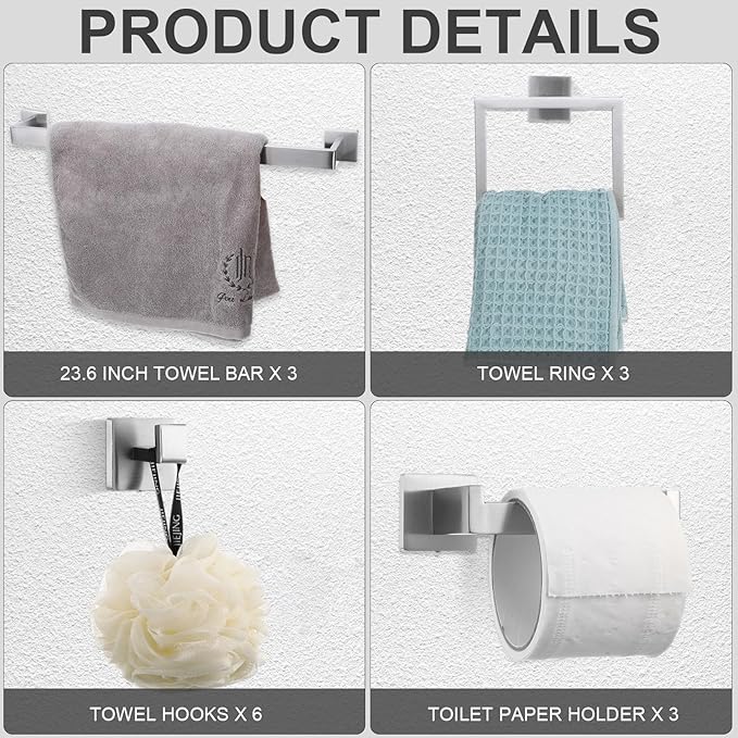 Gisafai 15 Pcs Silver Bathroom Hardware Accessories Set 23.6 Inch Bath Towel Bar Kit Stainless Steel Bathroom Hardware Set Towel Racks Ring Robe Hooks Paper Holder for Wall Mounted